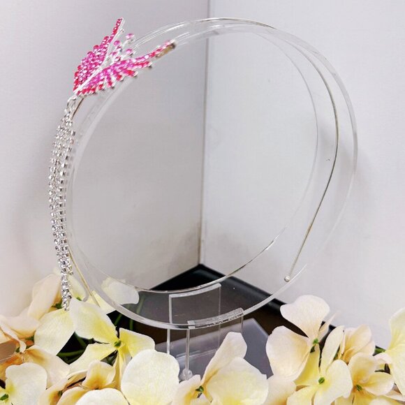 Princess Headband, Crown Wing Headpiece, Pink Crystal Headband, Silver Headband - Picture 3 of 8